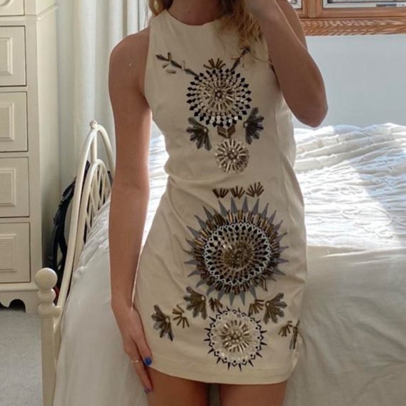 Free People Embellished Celestial Mini Shift Dress Beaded Sunburst Cream Size 6 - Picture 13 of 13
